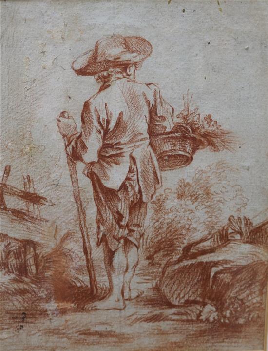 After Boucher, sanguine chalk, study of a boy holding a basket, 20 x 15cm